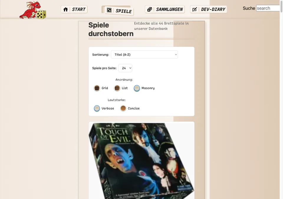 Spieleübersicht des Board Game Center mit Sortierung und Spielcovern