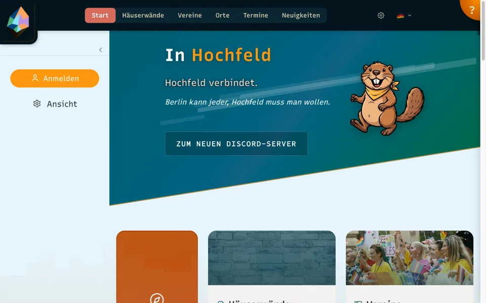 Startseite von in-hochfeld mit dem Biber und dem Schriftzug „Hochfeld verbindet"